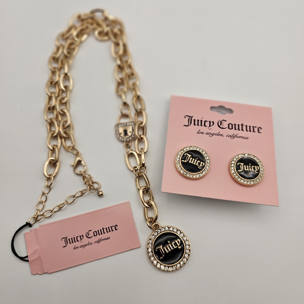 NEW Juicy Couture Gold and Black Enamel "Lock" Necklace and Stud Earrings Set